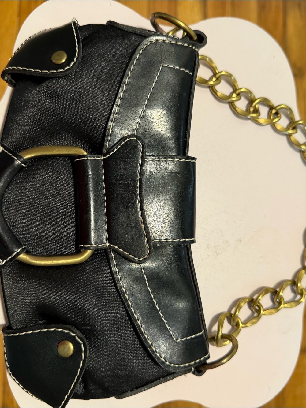 Black faux leather Chain-Handle Women's Y2k Shoulder Bag - Picture 2 of 4